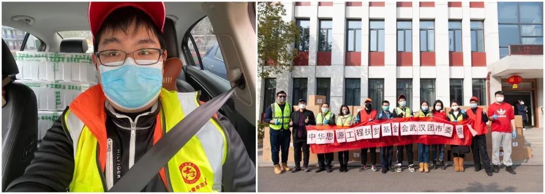 左圖：10輛轎車后座和后備箱堆滿了菜，出發送給社區；右圖：各位志愿者協助接收消毒防護物資